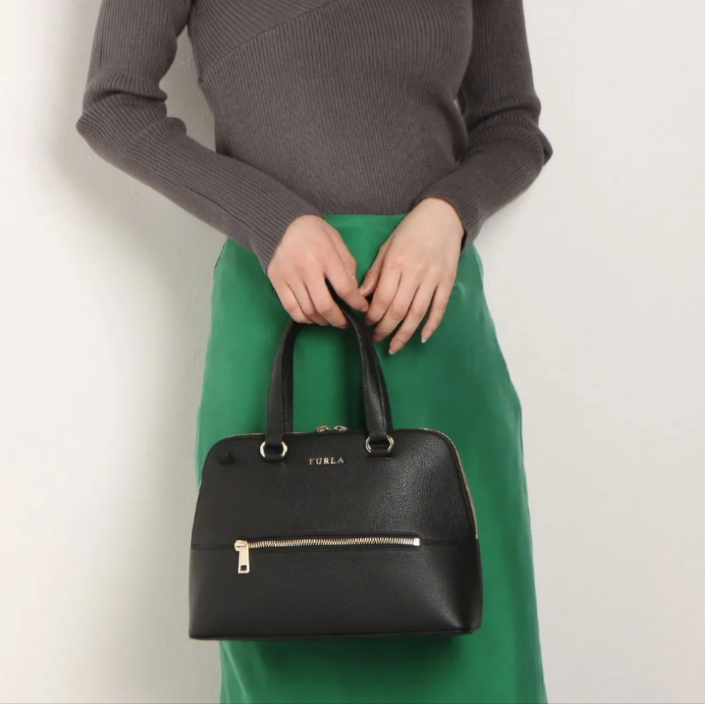 Furla Black Leather Dome Satchel - Classic Women's Handbag